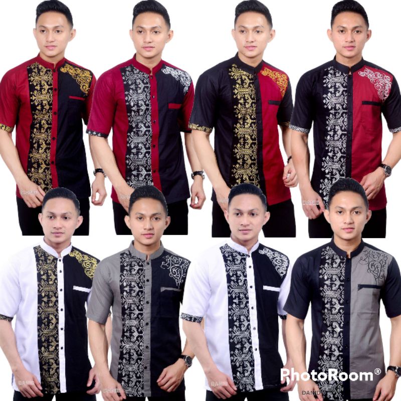 Baju Koko Batik Berlapis Bordir Lengan Pendek Motif Trisula