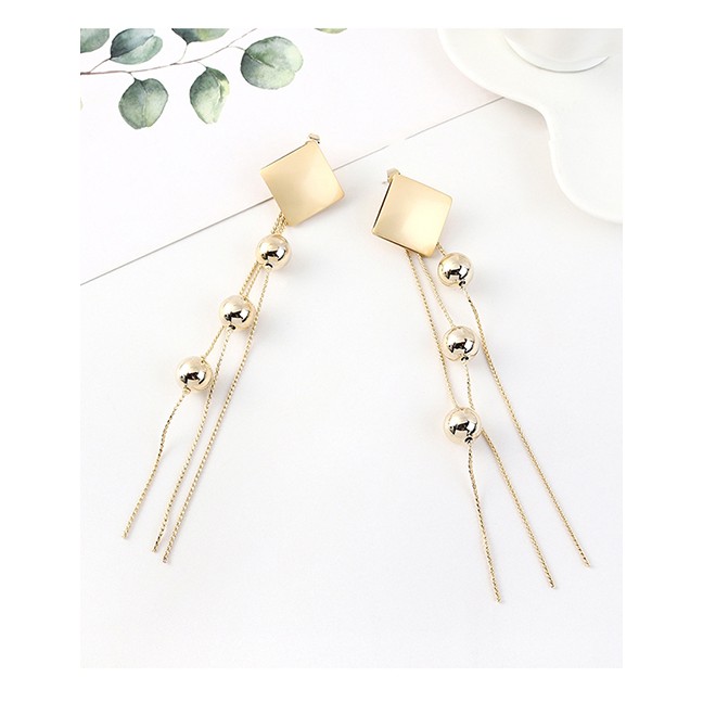 LRC Anting Tusuk Fashion Golden Long Fringe Ball Square Earrings Y63204