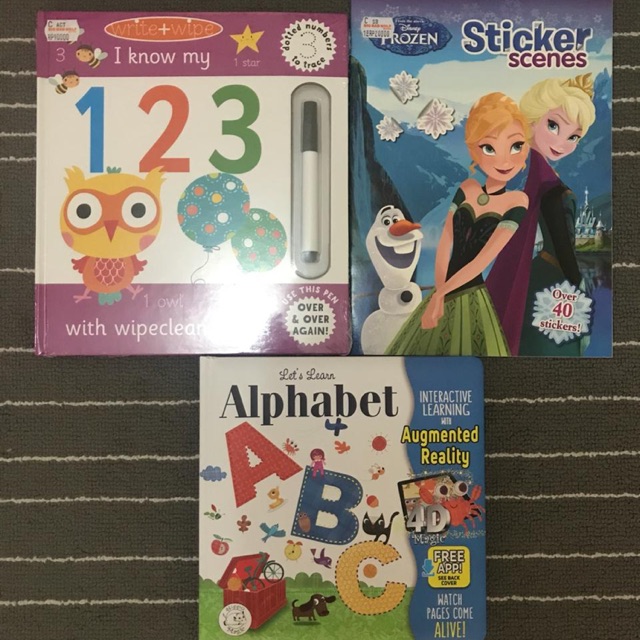Buku alphabet ABC, sticker frozen, i know my 123