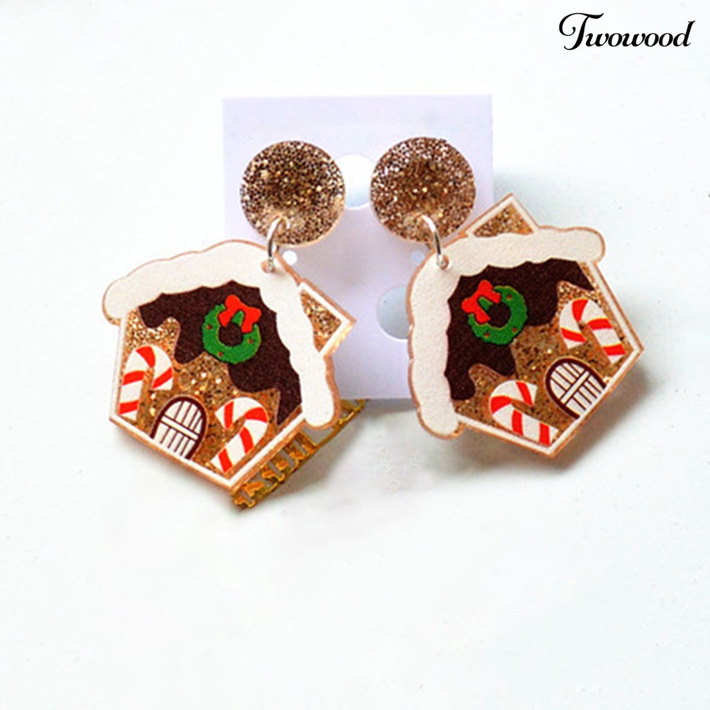 1 Pasang Anting Stud Desain Rumah Natal Aksen Glitter Untuk Wanita