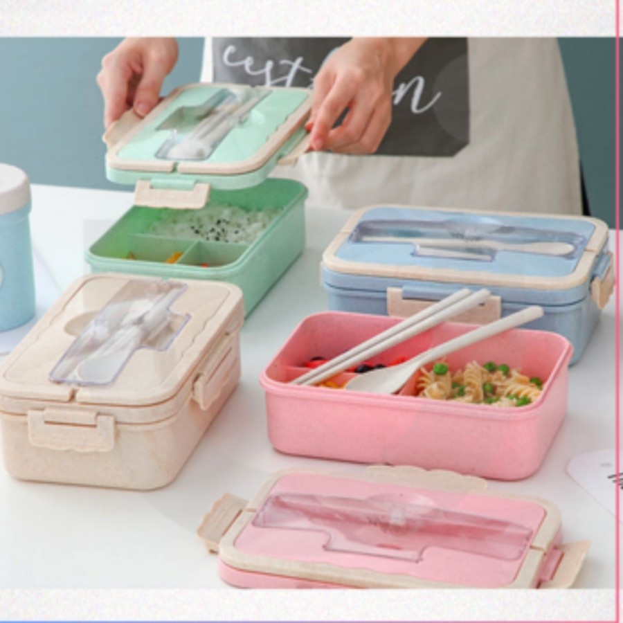 Kotak Makan Jerami Lunch Box Gandum Wheat Tempat Bento Sendok Set