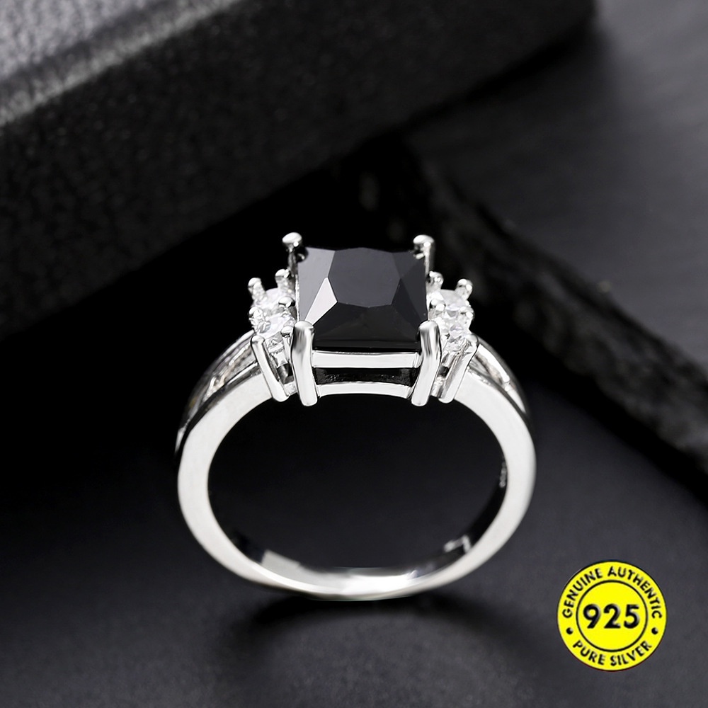 Cincin Zircon Persegi Bahan S925 Silver Platinum Gaya Korea