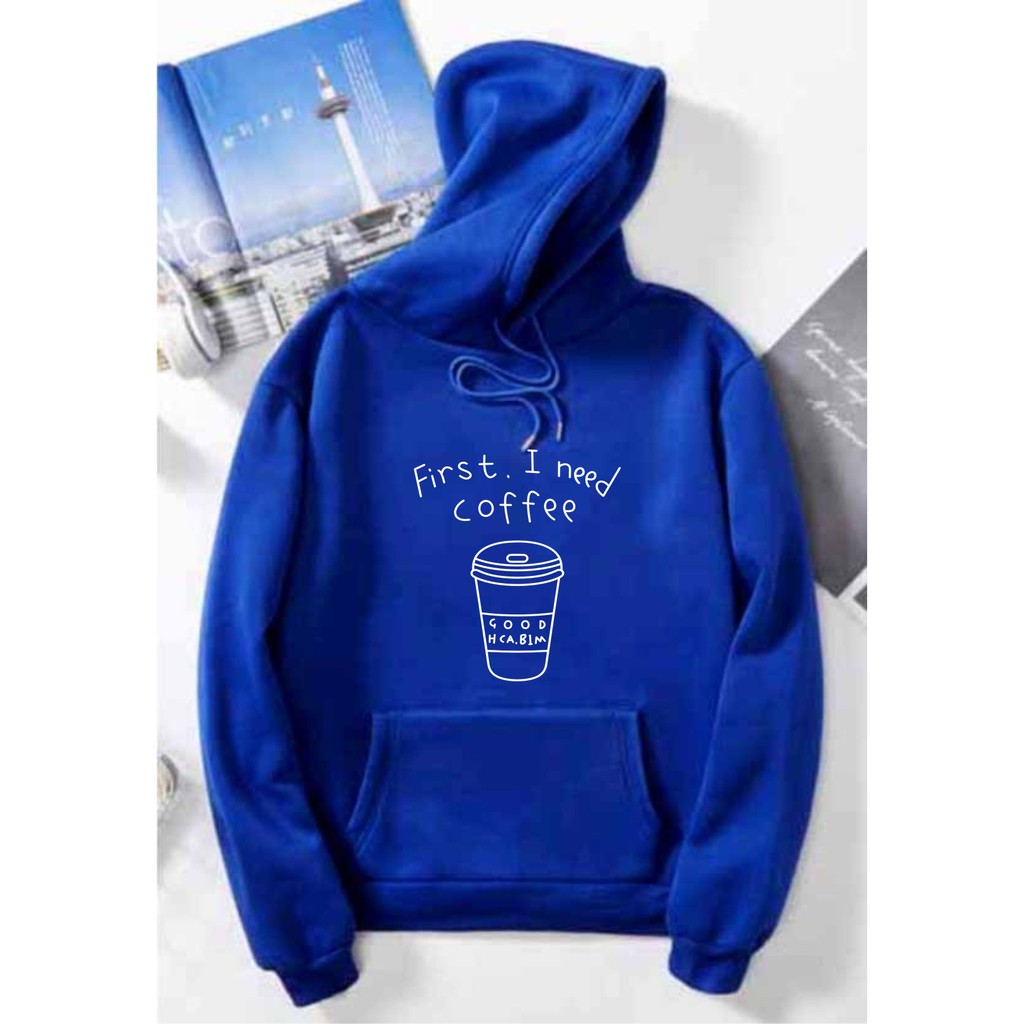 FenishaStore Sweater Hoodie Kantong Depan First I Need Cofee Bisa Bayar Ditempat COD