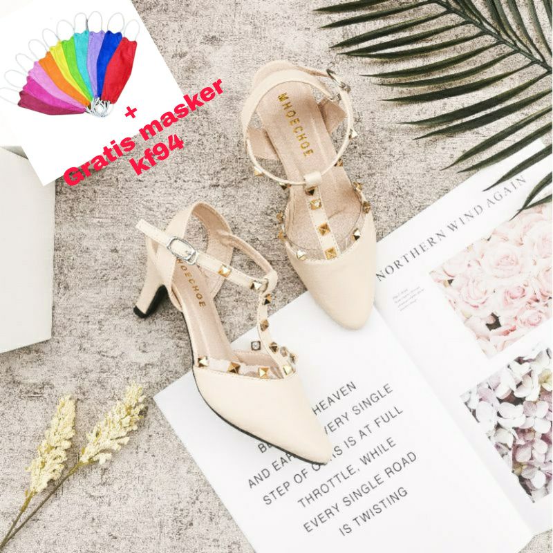 PROMO 12.12 BIGSALE High Heels BONUS MASKER KF94 - Heels Kekinian variasi Stoode Piramid Pd295 Cream