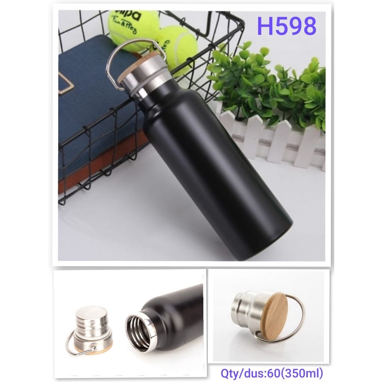 H598 [ HITAM ] Termos Tutup Bambu MINI 350 ml / Tumbler Stainless Steel Tahan Panas ( H-598 )