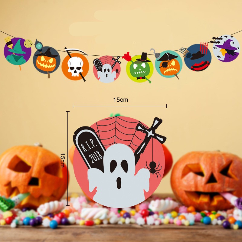 Banner Bunting Flag Desain Boneka Labu Vampire Happy Halloween Bahan Kertas Ukuran 3M Untuk Pesta Natal