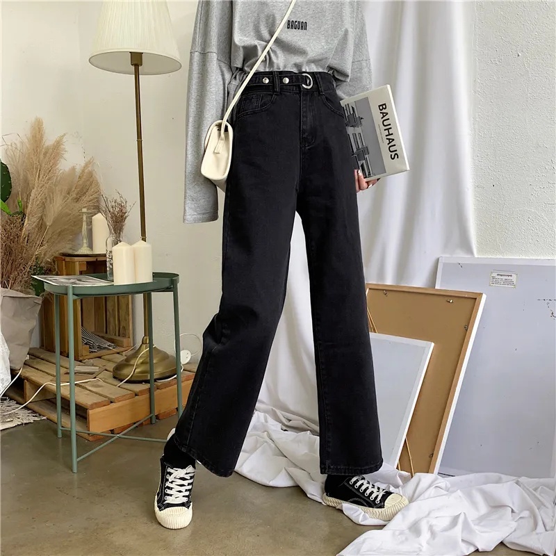 Denim celana wide-leg perempuan high-waist longgar lurus-kaki celana panjang