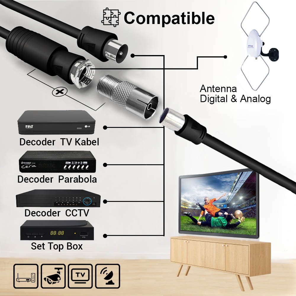 Kabel Antena Antenna TV Parabola CCTV PX 12M - 12 Meter Coaxial Cable Male To Male