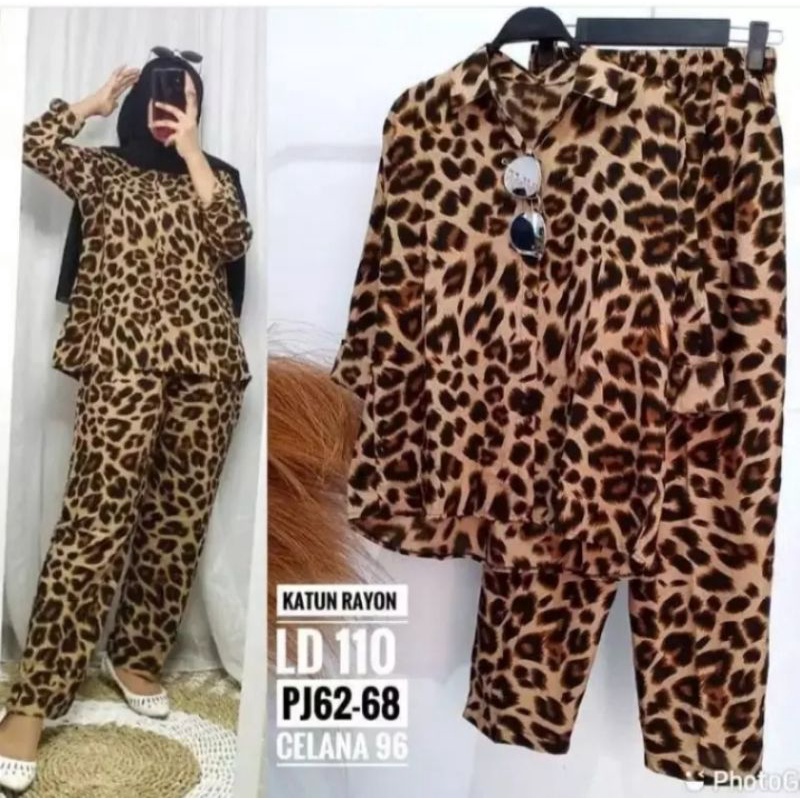 Terbaru Setelan rayon motif macan one set kemaja wanita lengan panjang kekinian setandar jumbo