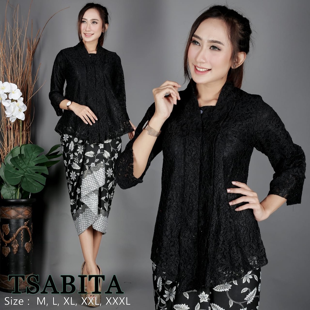 Setelan Kebaya Floy Brokat / Floy Brukat Hitam Bawahan Rok Lilit