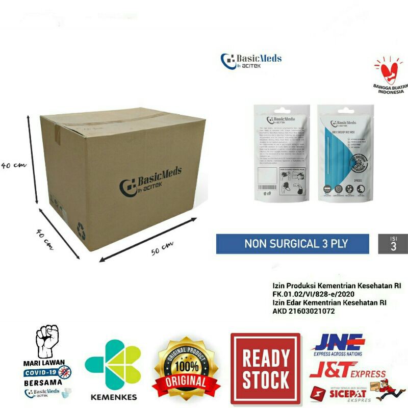 Masker Kesehatan 3Ply Non Medis BasicMeds Non Surgical Earloop Face Mask Basic Meds 1 Karton 500Pack