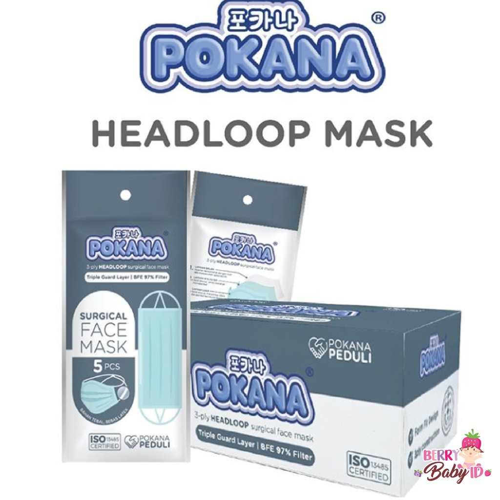 Pokana Surgical Face Mask Adult Headloop 3Ply Masker Medis Dewasa 30pc Berry Mart