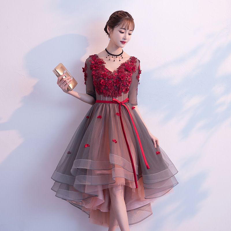 NW-045 2warna S-2XL Gaun pesta impor setengah lengan gaun merah ekor panjang