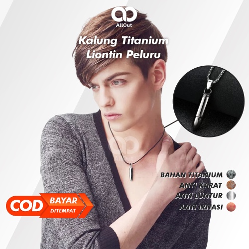 Kalung Pria Titanium Anti Karat Liontin Peluru Rantai Rante Silver Perak Emas Putih Asli Keren