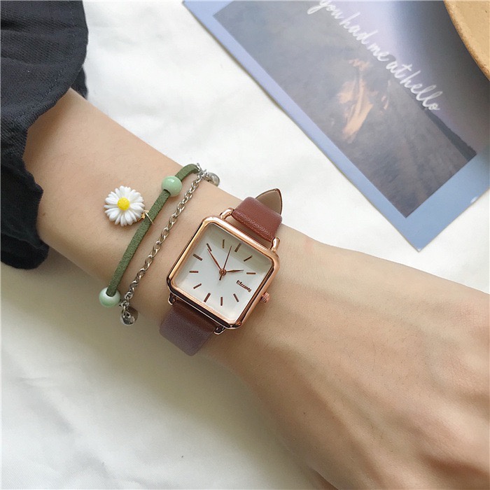 ✅COD Jam Tangan Wanita Analog Quartz Strap Kulit Kotak Casual