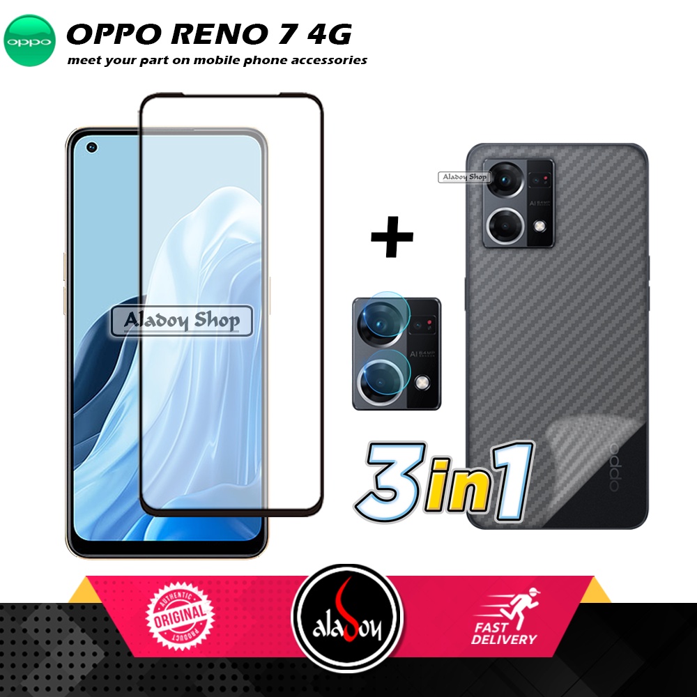 PAKET 3 IN 1 Tempered Glass Layar Oppo Reno 7 4G Free Tempered Glass Camera dan Skin Carbon