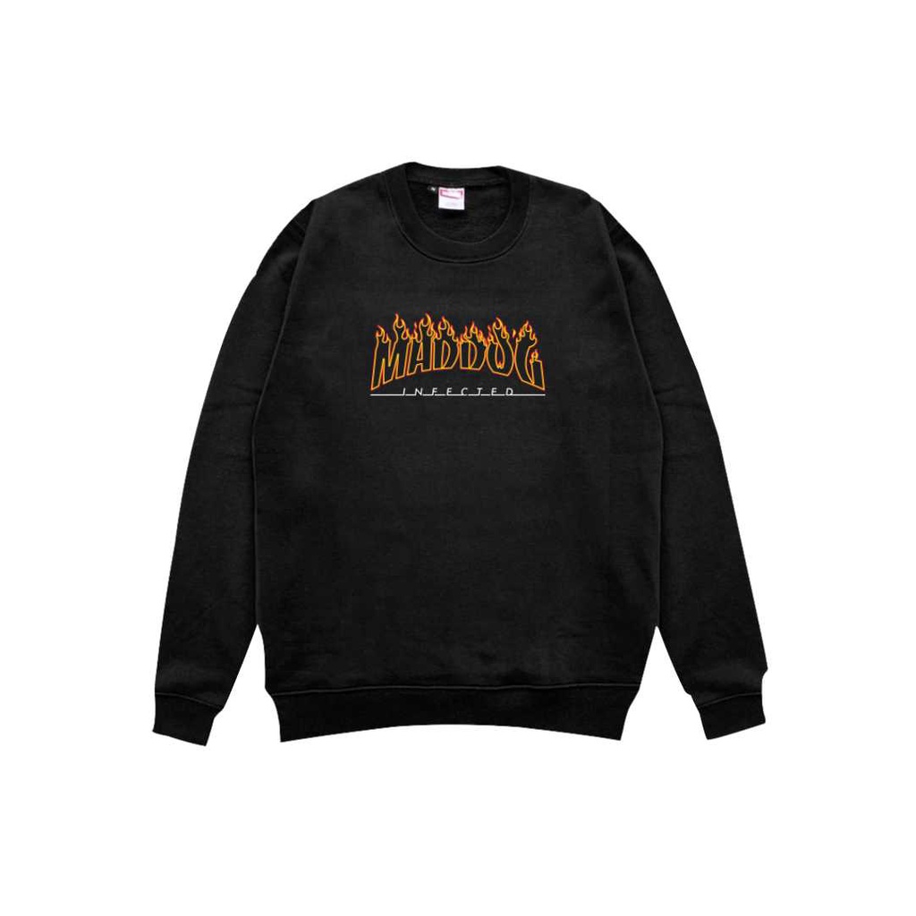 Maddog Infected - Crewneck - FLAME CN BLACK | Sweater Pria Wanita Unisex Hitam Distro Official Maddo