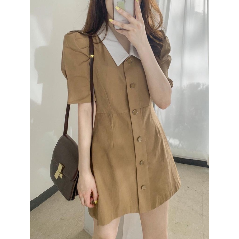 [littlecrab] Dress Full Kancing Simple Elegan Dress Kerah Putih Dress Polos Berkualitas Korean Style Short Dress Model Simply Dress Lengan Pendek Nyaman Dress Berkerah Lembut Berkualitas