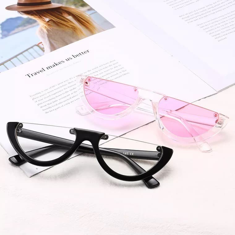 Kaca Mata Cool Trendy Half Frame Rimless Cat Eye Sunglasses Women