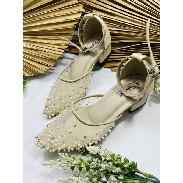 sepatu wanita cantik sepatu wedding shoes cream hak tahu tali 3cm