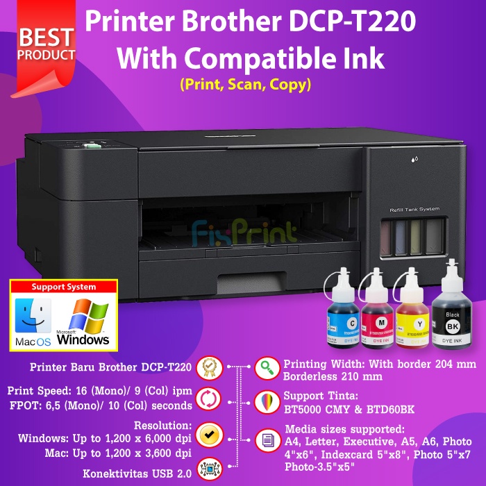 Printer Brother DCP T220 DCP-T220 Pengganti Printer Brother T310 Print Scan Copy InkTank Pabrik