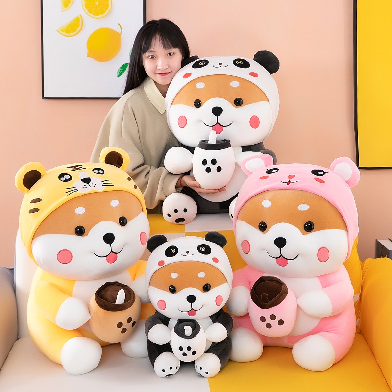 Boneka Shiba pegang bubble tea costume lucu super jumbo 55cm bahan plush