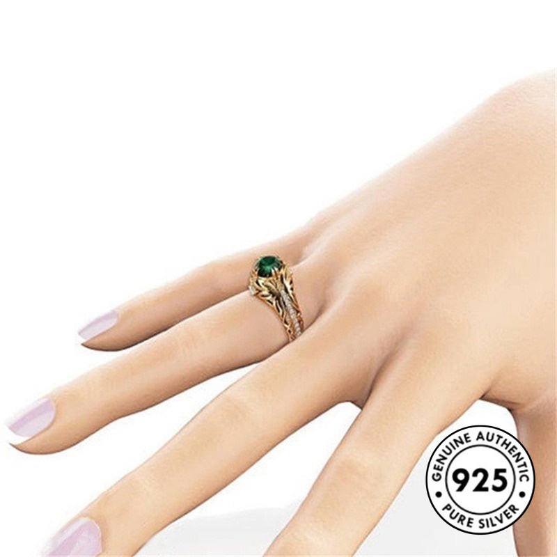 Cincin Sterling Silver 925 Lapis Emas Dengan Batu Emerald Untuk Wanita