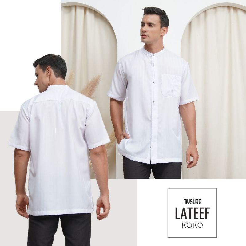 Baju Koko dewasa pria putih lengan pendek kerah shanghai saku depan lateef brand by Mysure