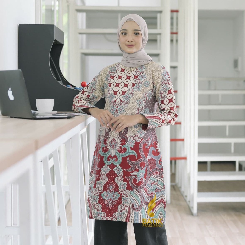 Atasan Tradisional Batik Prabuseno Original Motif MECCA MERAH Tunik Batik Wanita Lengan Panjang Model kekinian stylish dan elegan cocok buat kerja ngantor dan kondangan.