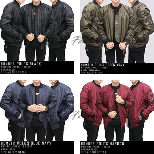 Jaket Bomber Polos Pria Hitam/BiruNavy/MerahMaroon/HijauArmy - Hitam, M