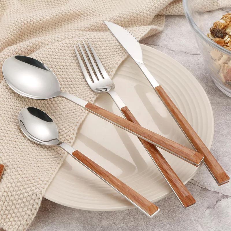 paket lengkap sendok garpu stainless korea wood grain handle kayu / cutlery set spoon fork knife steak tea spoon tea fork / sendok garpu sendok teh pisau steak garpu kecil gagang kayu