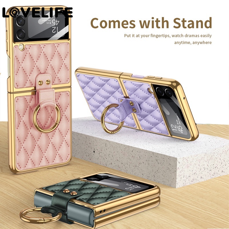 Case Bahan Kulit PU Dengan Ring Holder Untuk Samsung Galaxy Z Flip 3