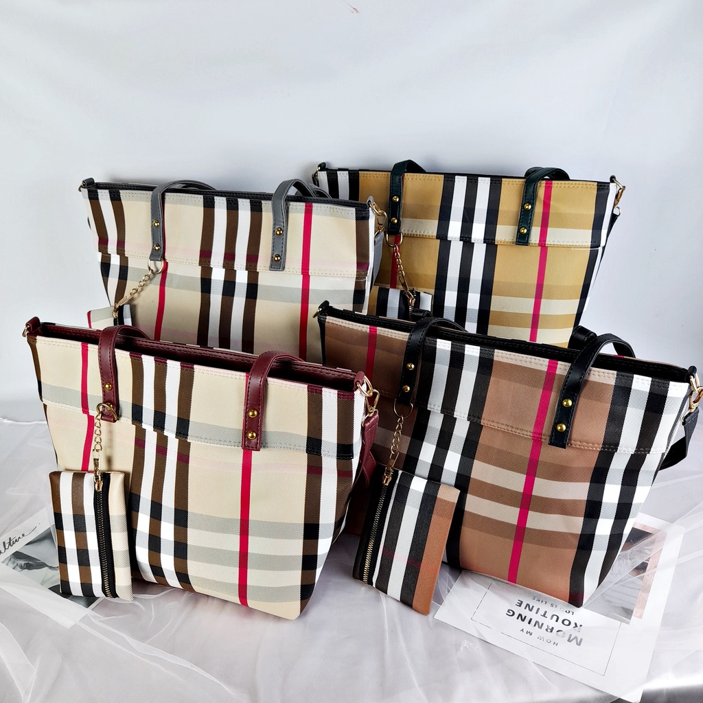 Tas Bahu Selempang Wanita Leather Tote Bag Motif Polos Plaid Kotak Free Pouch KT046 KT071 KT072