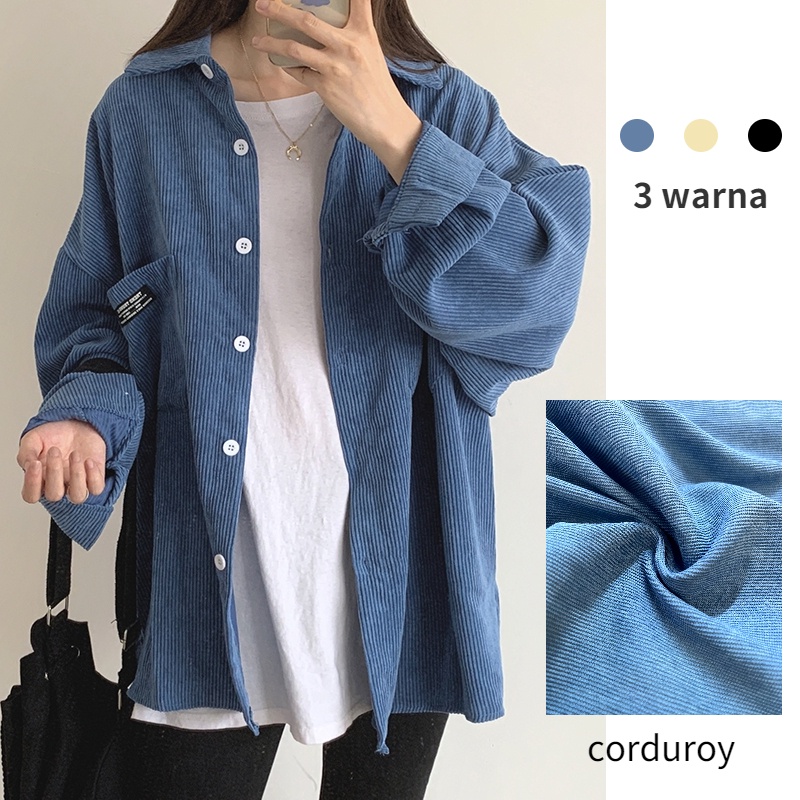 Korea Kemeja Oversize Korduroy Wanita Lengan Panjang Oversize Kemeja Polos Wanita