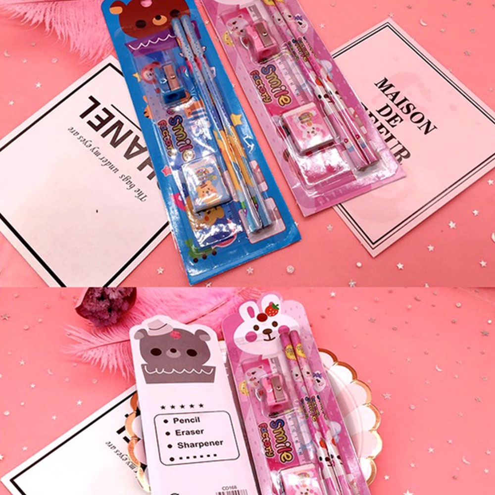 5 In 1 Set Alat Tulis Pensil Penggaris Penghapus Motif Kartun Beruang Kelinci Untuk Hadiah Ulang Tahun Anak