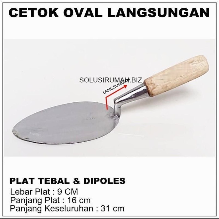 Cetok Oval Langsungan Sendok Semen Besar Gagang Kayu terusan poles