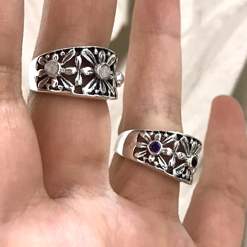 Cincin Ring Perak Silver Bali Asli 925 Ukir Bunga  Lawang 3 Tiga Batu Natural Elegan Custom