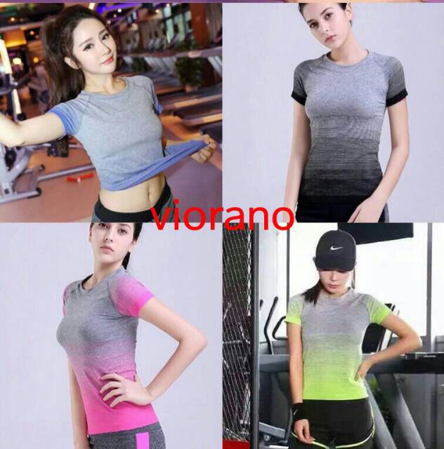 [Hanya Kaos] Kaos Olahraga Wanita Sport Salur Tangan Pendek TM18 / Baju Olahraga Cewek Import Quality Sport Tshirt Wanita Kaos Senam Atasan Olahraga