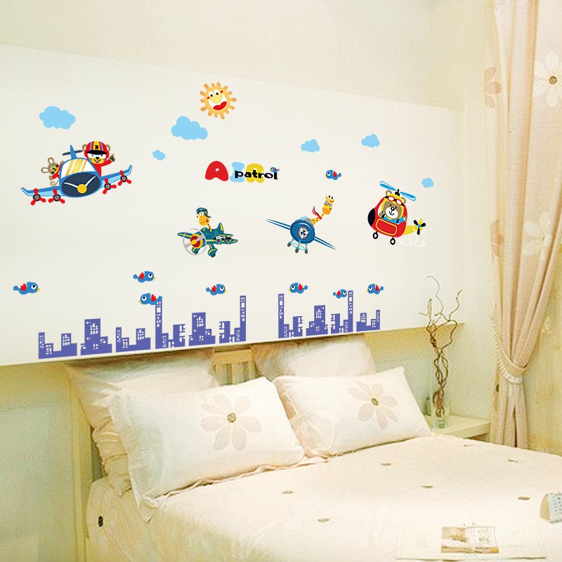 Reliza Wall Sticker Cartoon City Helikopter Transportasi Kota Anak Stiker Dinding LDR