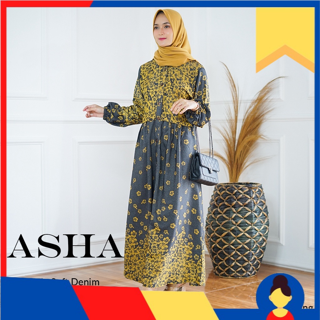 Asha Dress Muslim Soft Denim Motif Bunga