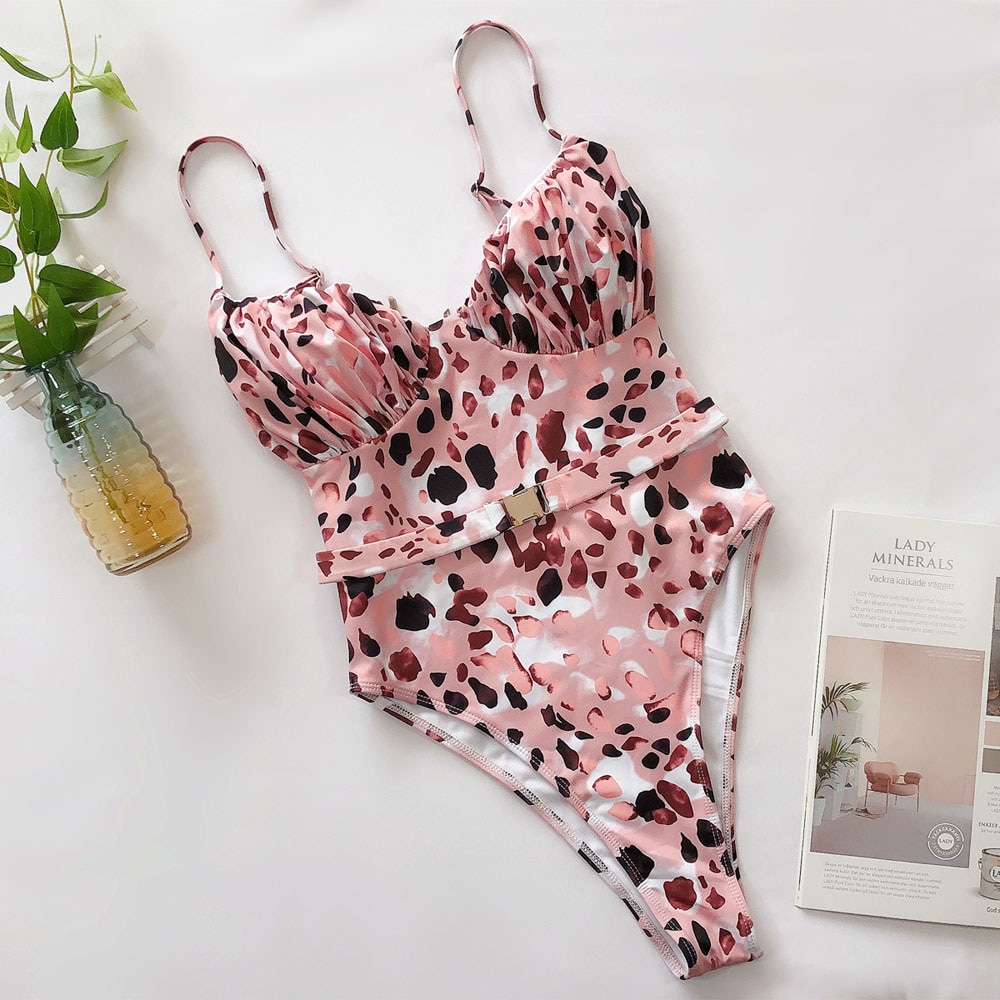 PREORDER Pink Print Brazilian High Thong Bodysuits One-Piece Swimwear Women V-Neck Swimsuit Female S