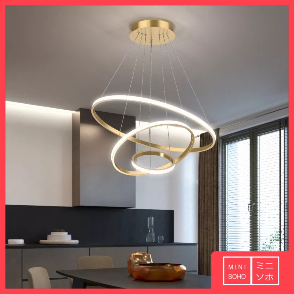 Lampu Gantung Hias Mewah Luxury Premium Minimalis Modern Aesthetic Estetik 3 Ring Pendant LED - Gold