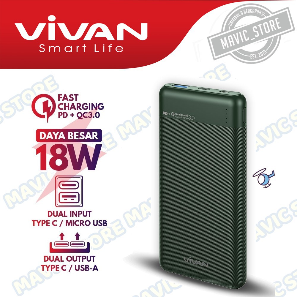 VIVAN VPB-M10 Power Bank 10000mAh Fast Charging PD QC3.0 2 Output - Garansi Resmi 1 Tahun