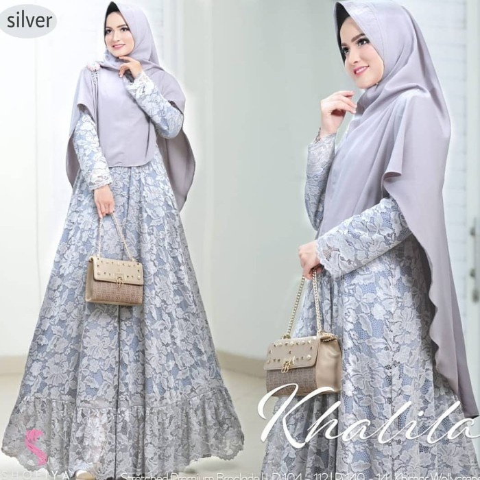 [ COD ] KHALILA DRESS SYARI FREE KHIMAR GAMIS BUSUI KHALIFA KEBAYA - Silver