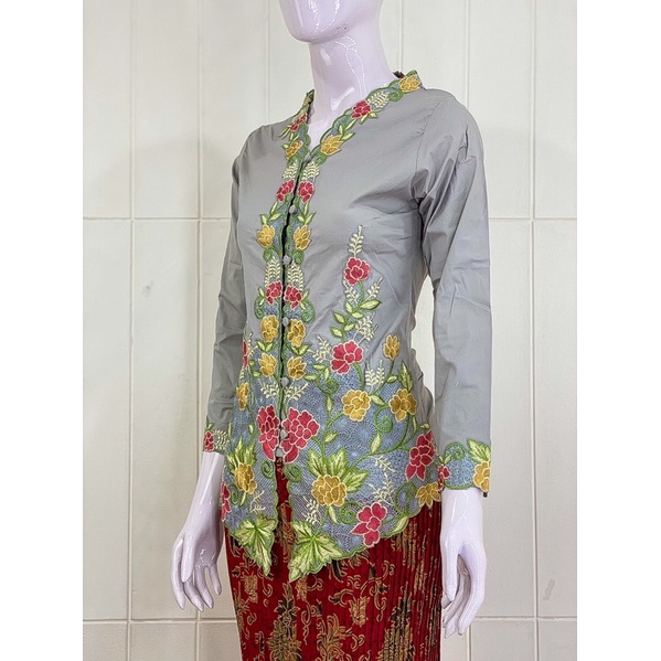ESW03 - Daliyu KEBAYA ENCIM LENGAN PANJANG BORDIR WARNA Katun Stretch / Kebaya Wisuda / S M L XL XXL-Abu