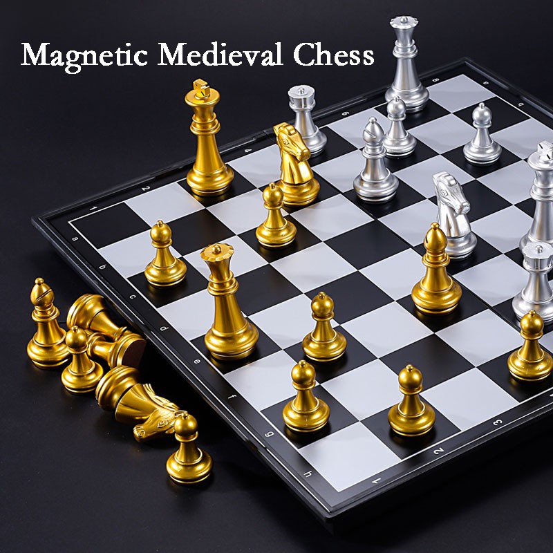 New Magnetic Chess Board Medieval Catur Set Lipat Portable 32emas Perak Catur Potongan Berkualitas Permainan Catur Mainan Hadiah