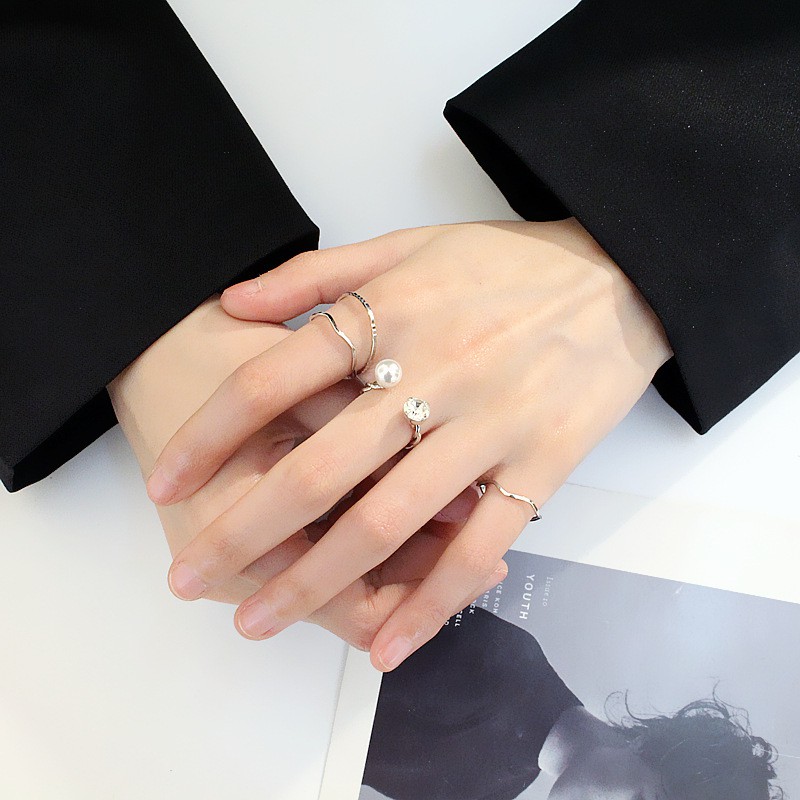 [4 PCS] Cincin Set Fashion Terbuka Aksen Berlian Imitasi + Mutiara Gaya Korea Untuk Wanita
