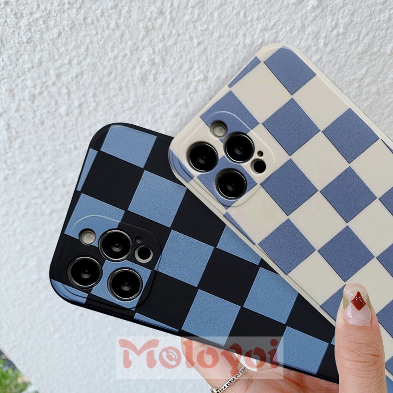 Soft Case Silikon Tpu Motif Kotak-Kotak Biru Untuk IPhone 7 8 Plus 13 12 11 Pro Max 6 6s Plus X XS Max XR SE 2020