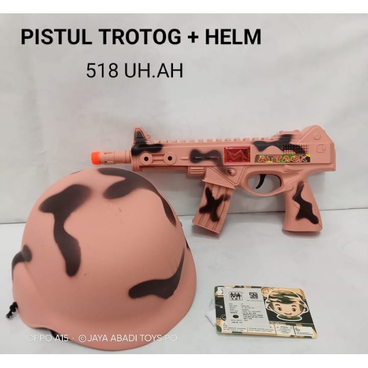 518 - Mainan Helm dan Pistol Krotog Trotok Senapan Military Tentara Indonesia Kemasan Jala