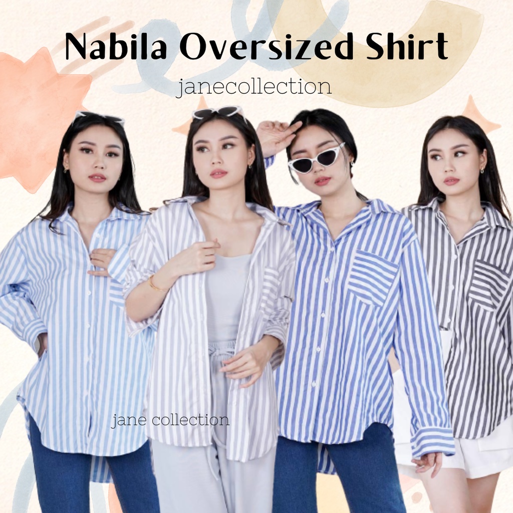 JANE COLLECTION || Kemeja Wanita Oversize Lengan Panjang Kemeja Jumbo Salur Garis Katun Nabila Oversized Shirt Cotton XXXL